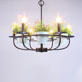Lámpara de araña de metal negro de estilo vintage con decoración de maceta - Accesorio de techo colgante con vela de 6/8 de luz